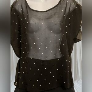Vintage Y2K Forever 21 Black Sheer Studded Accent Cap sleeve top Size Small